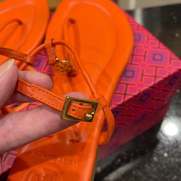 TORY BURCH 8.5M BRIGHT POPPY ORANGE MINI MILLER TYPE ALL LEATHER STRAP SANDALS - Picture 7 of 15